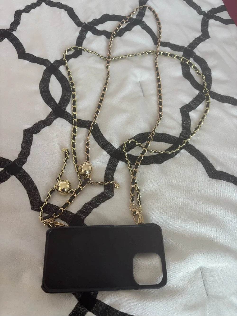 Black Quilted Leather Phone Crossbody Case with Gold Chain